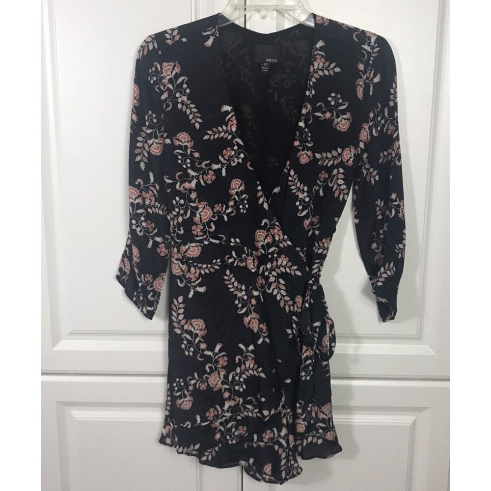 Greylin Size XS Floral Wrap Romper Black Orange Ruffled Skort Shorts Silk Lined